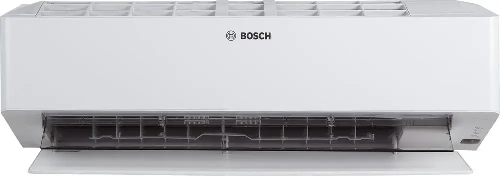 Weißes Klimagerät der Marke Bosch, Split Inneneinheit mit Lüftungsschlitzen und transparentem Bereich im unteren Teil für Luftzirkulation.